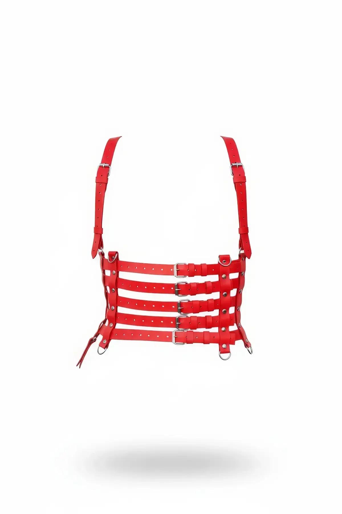 Red Multi-Strap Vegan Leather Cage Harness