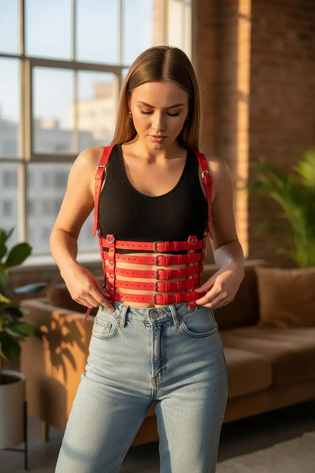 Caged Faux Leather Body Harness with Multi-Buckle Straps