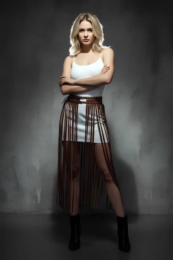 Fringed Skirt Harness with Studded Waistband