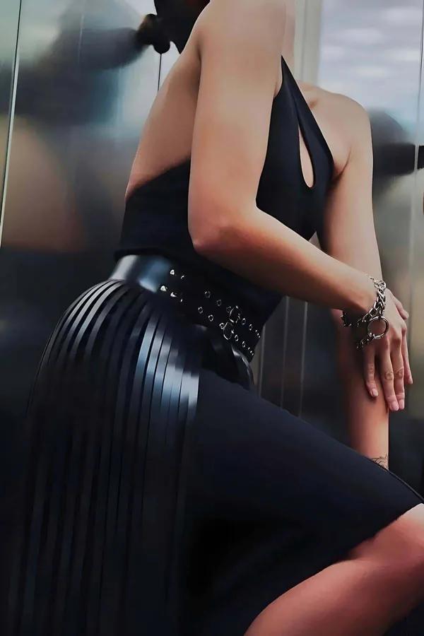 Faux Leather Tasseled Midi Skirt with Studded Belt