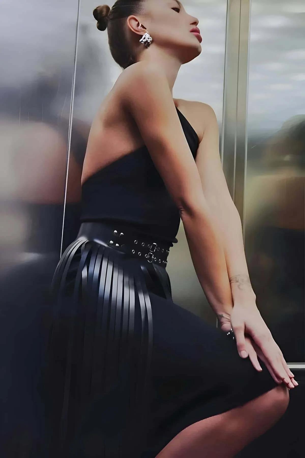 Faux Leather Tasseled Midi Skirt with Studded Belt