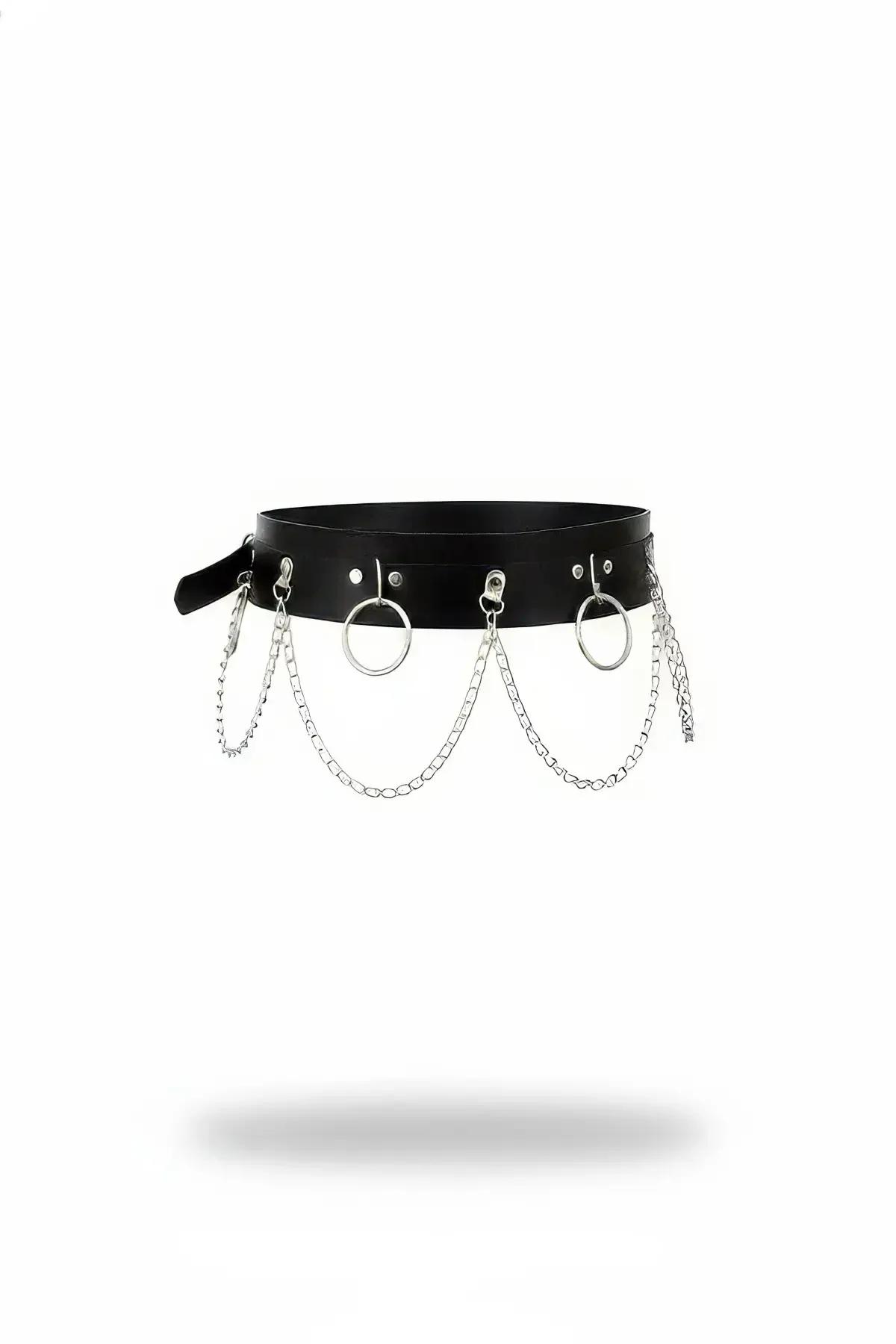 Wide Faux Leather Waist Harness Belt with Draped O-Ring Chains