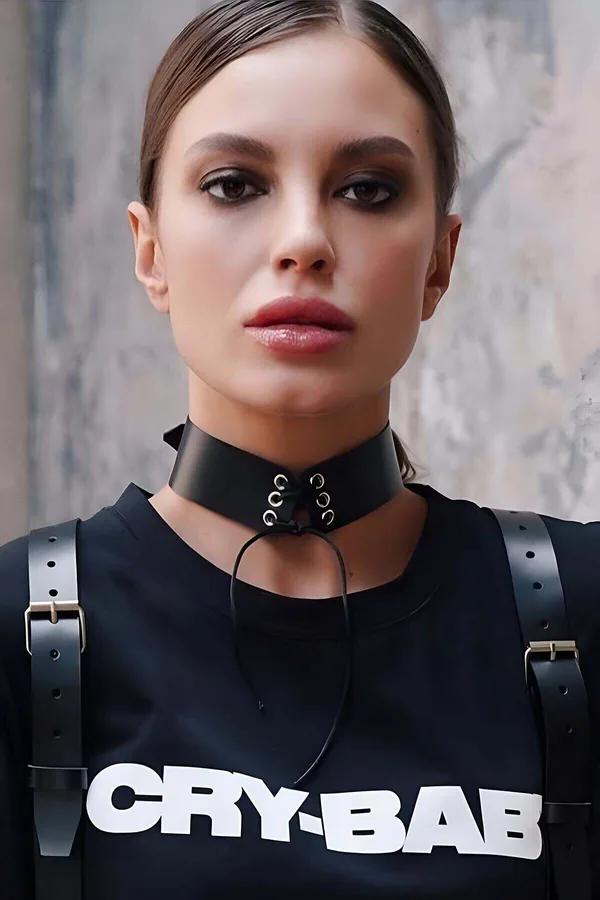 Lace-Up Faux Leather Choker with Eyelets
