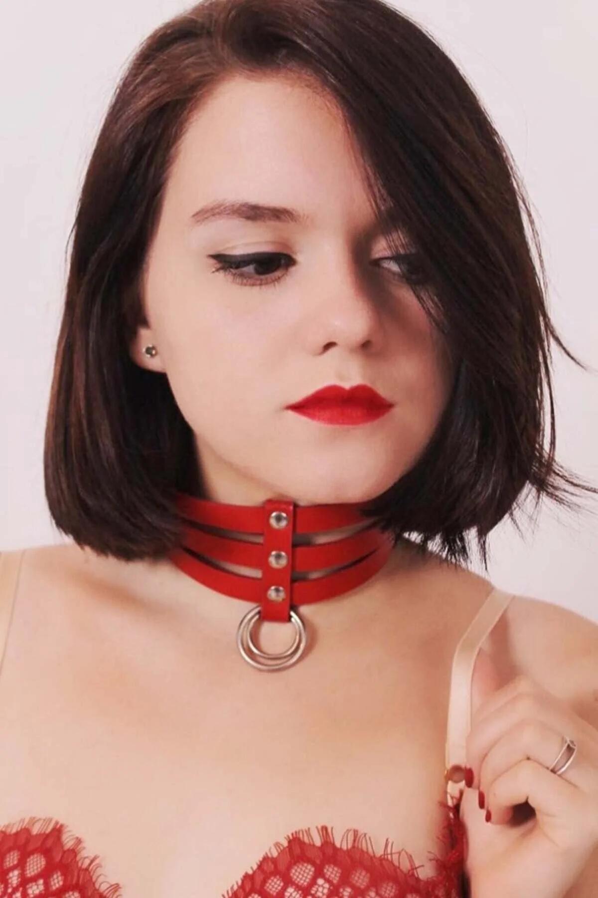 Triple Strap Red Faux Leather Choker with Central O-Ring