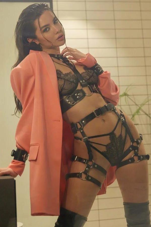 Caged Faux Leather Body Harness Set with Thigh Straps