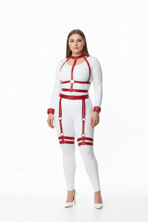 Red Full Body Harness Set with Garter Straps & Cuffs