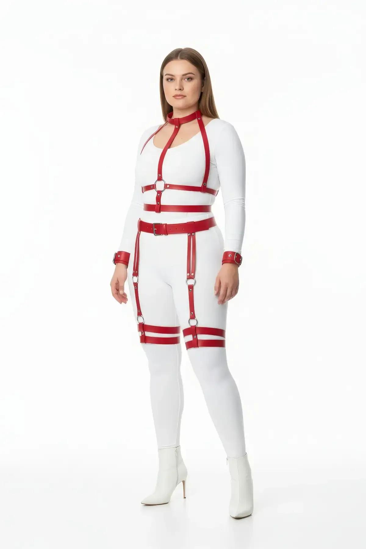 Red Full Body Harness Set with Garter Straps & Cuffs