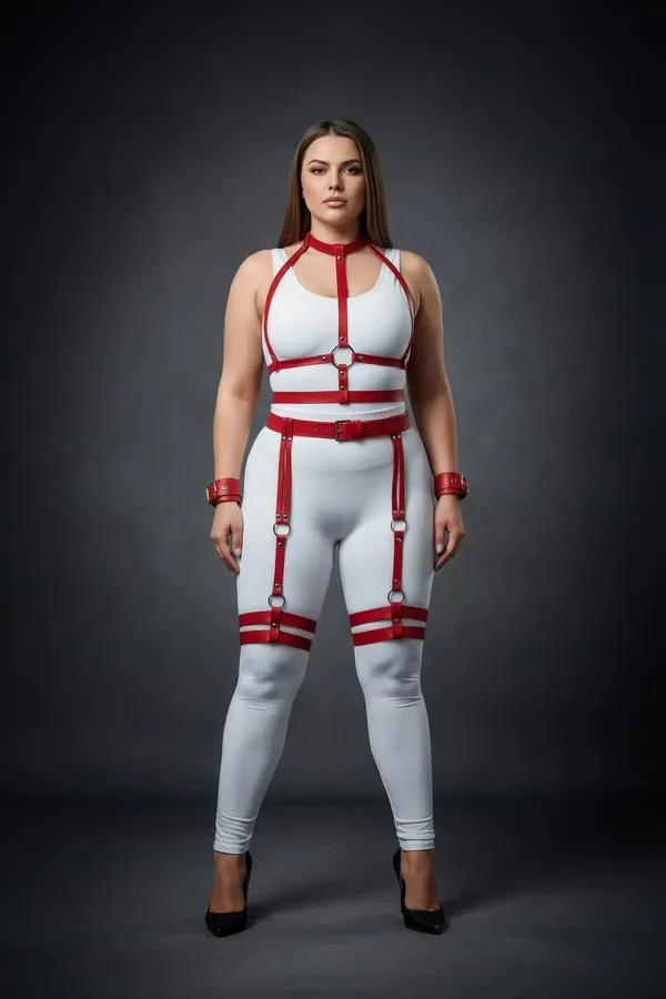 Red Full Body Harness Set with Garter Straps & Cuffs