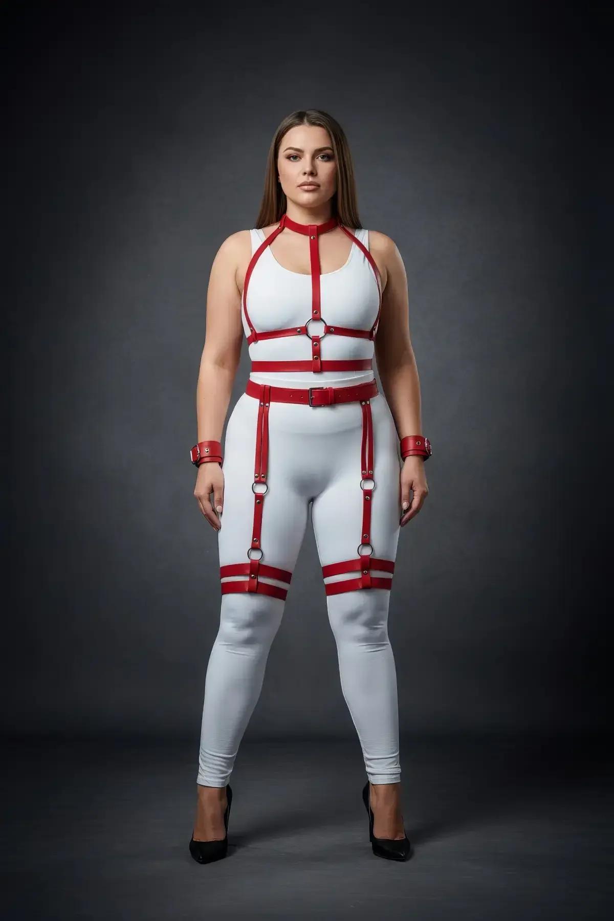 Red Full Body Harness Set with Garter Straps & Cuffs