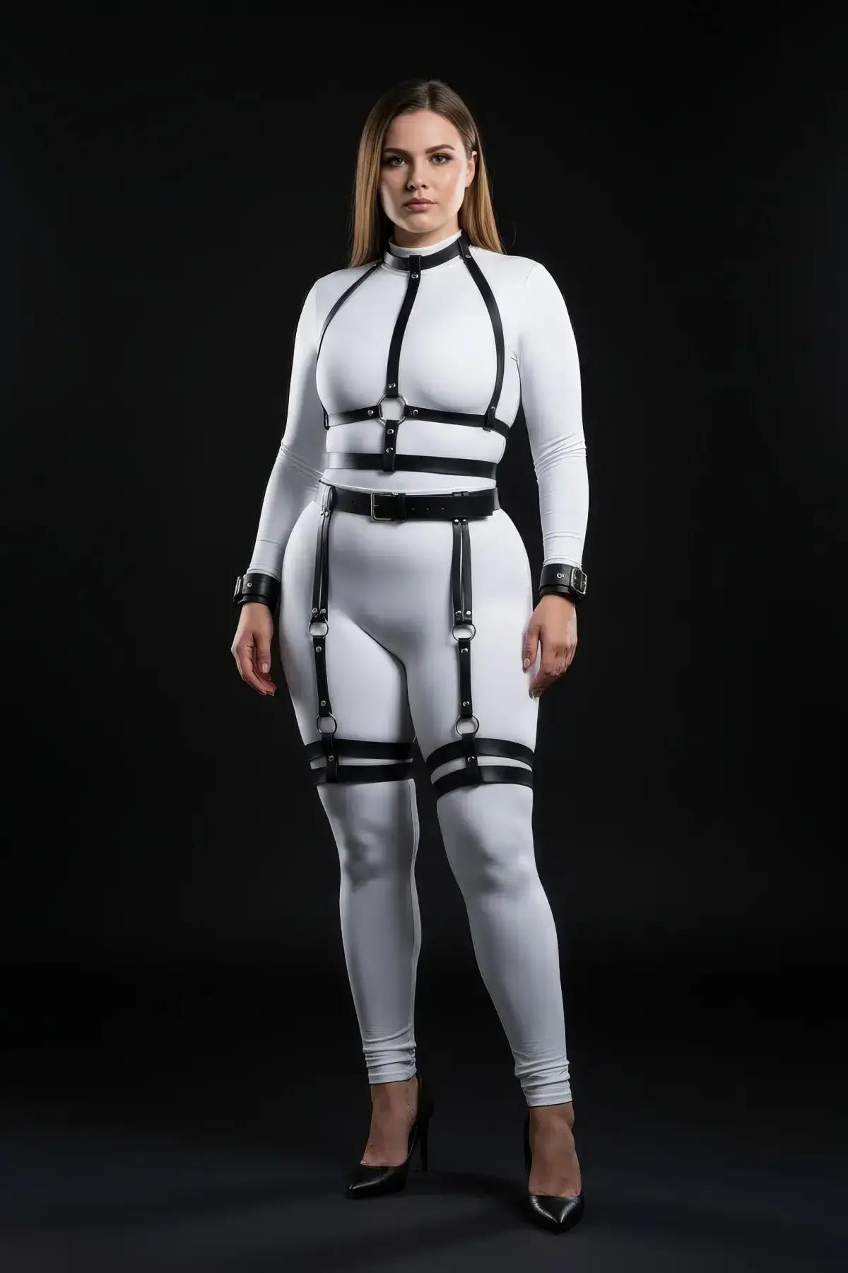 Black Full Body Harness with Thigh Garters & Wrist Cuffs