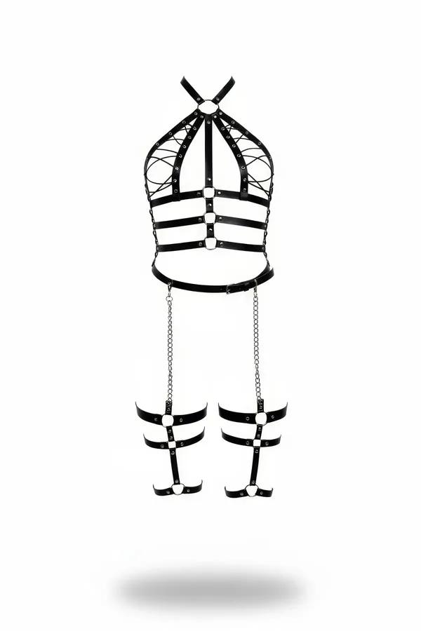 Halter Neck Faux Leather Body Harness with Detachable Leg Garters