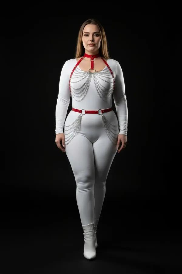 Red Faux Leather Body Harness with Draped Chains