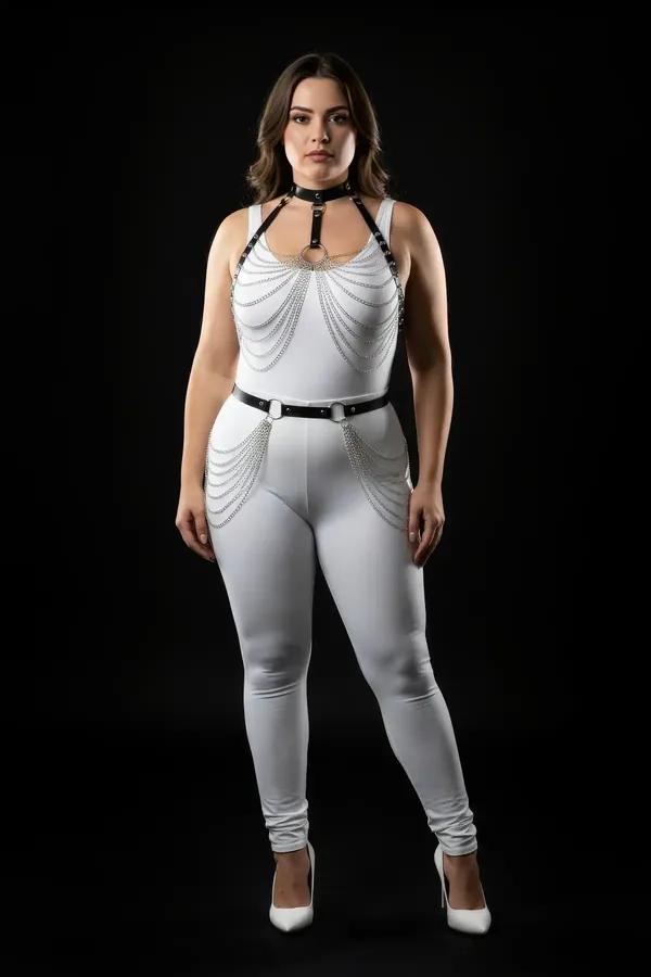 Faux Leather Harness Set with Cascading Silver Chains