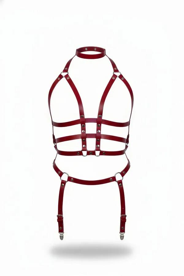 Claret Red Full Body Harness with Garter Straps