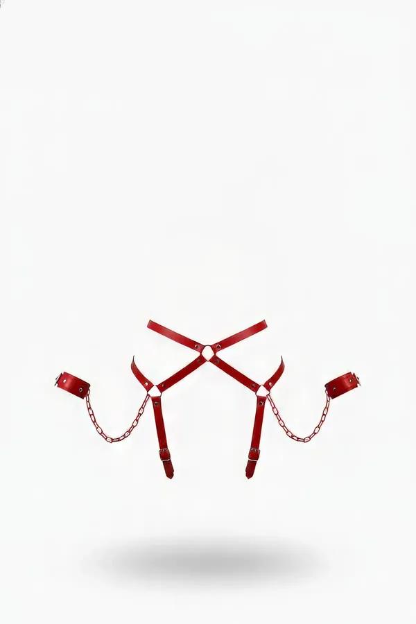 Red Faux Leather Waist Harness with Wrist Cuffs & Chains