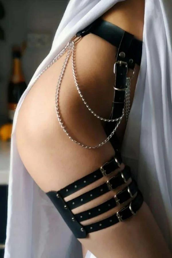 Chained Faux Leather Garter Harness