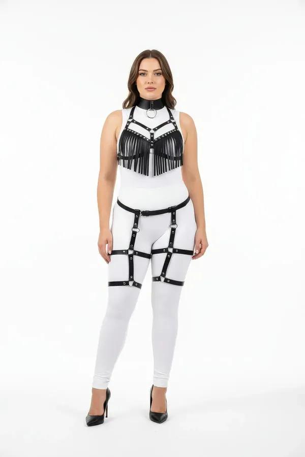 Fringed Faux Leather Harness Set with Garter Straps