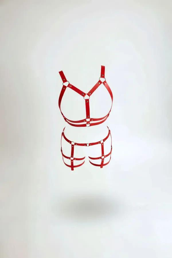Red Faux Leather Body Harness Set with Garter Straps