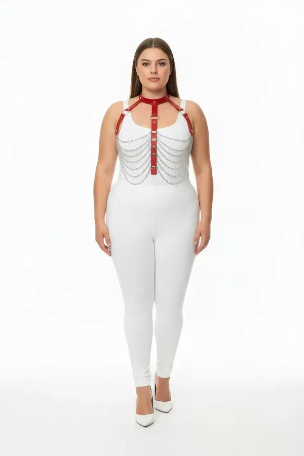 Chain Detail Red Faux Leather Body Harness