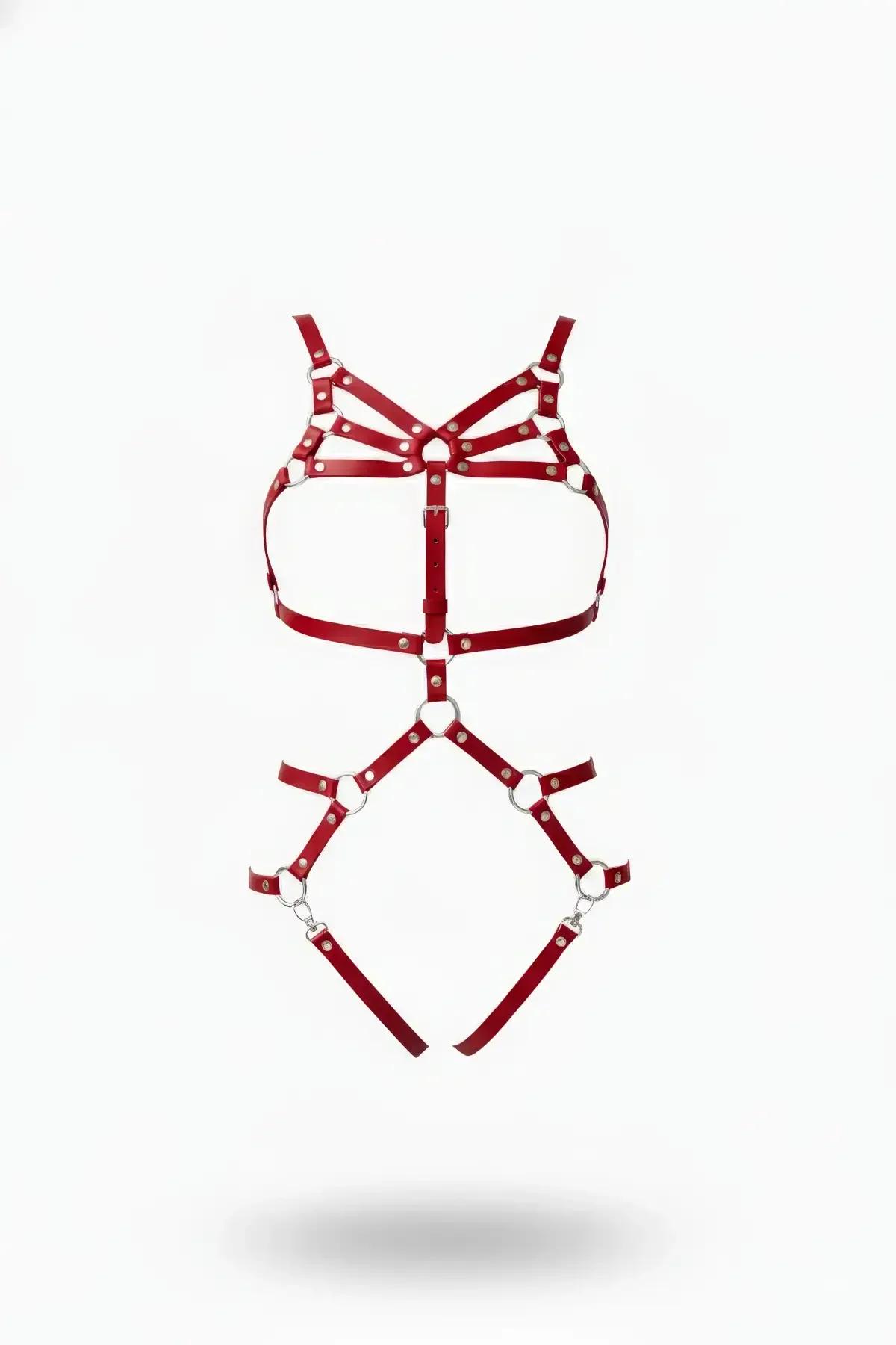 Adjustable Red Faux Leather Full Body Harness