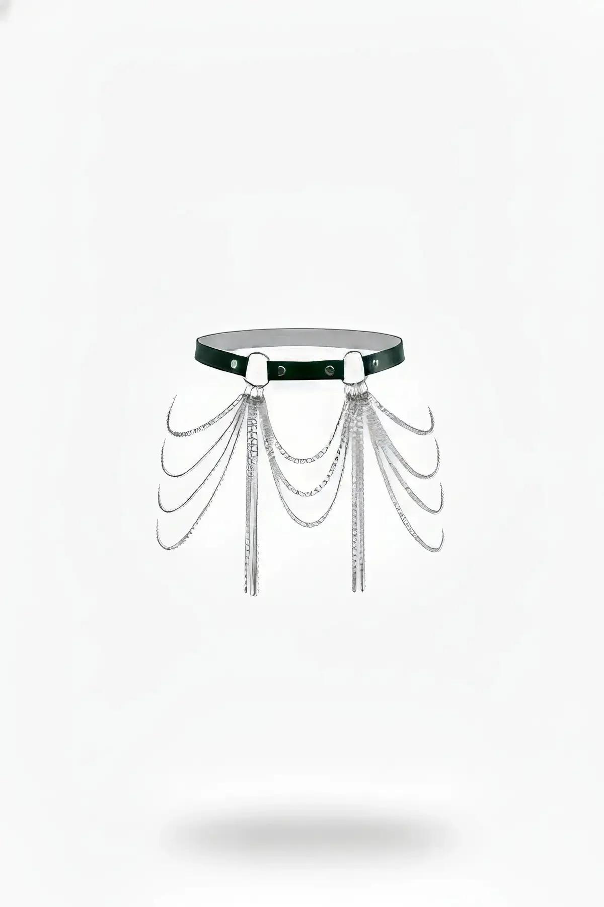 Faux Leather Waist Harness with Draped Silver Chains