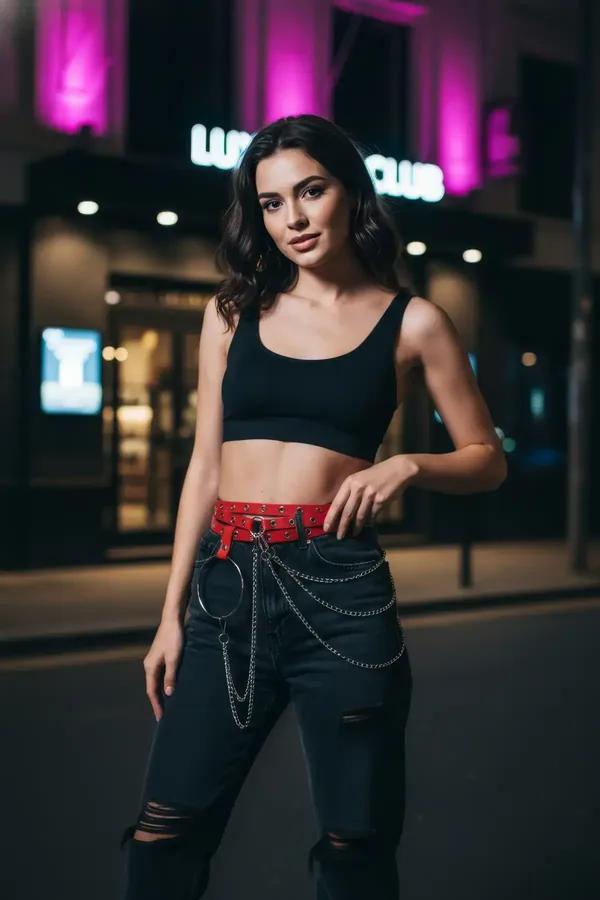 Red Faux Leather Grommet Belt with Detachable Chains