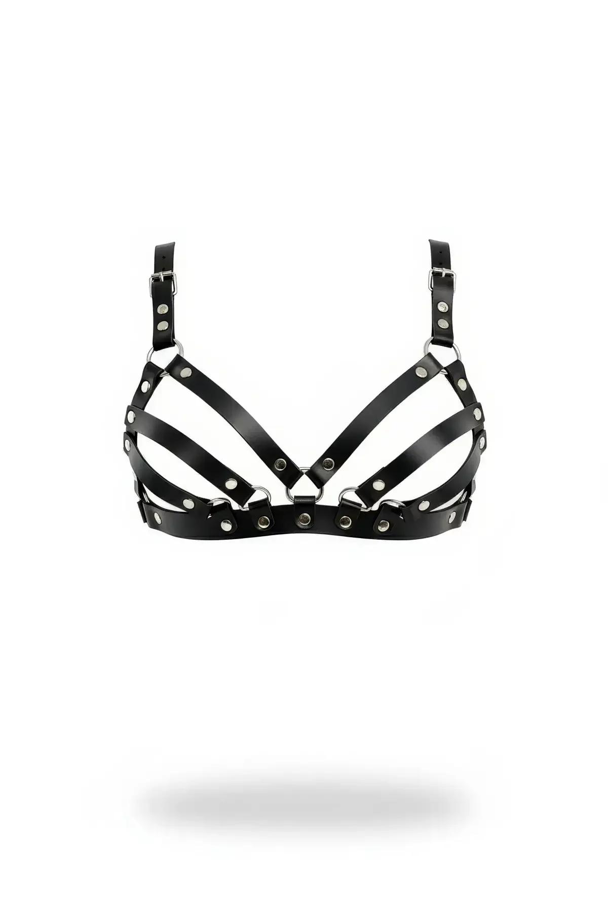 Strappy Faux Leather Harness Bra with Silver Studs
