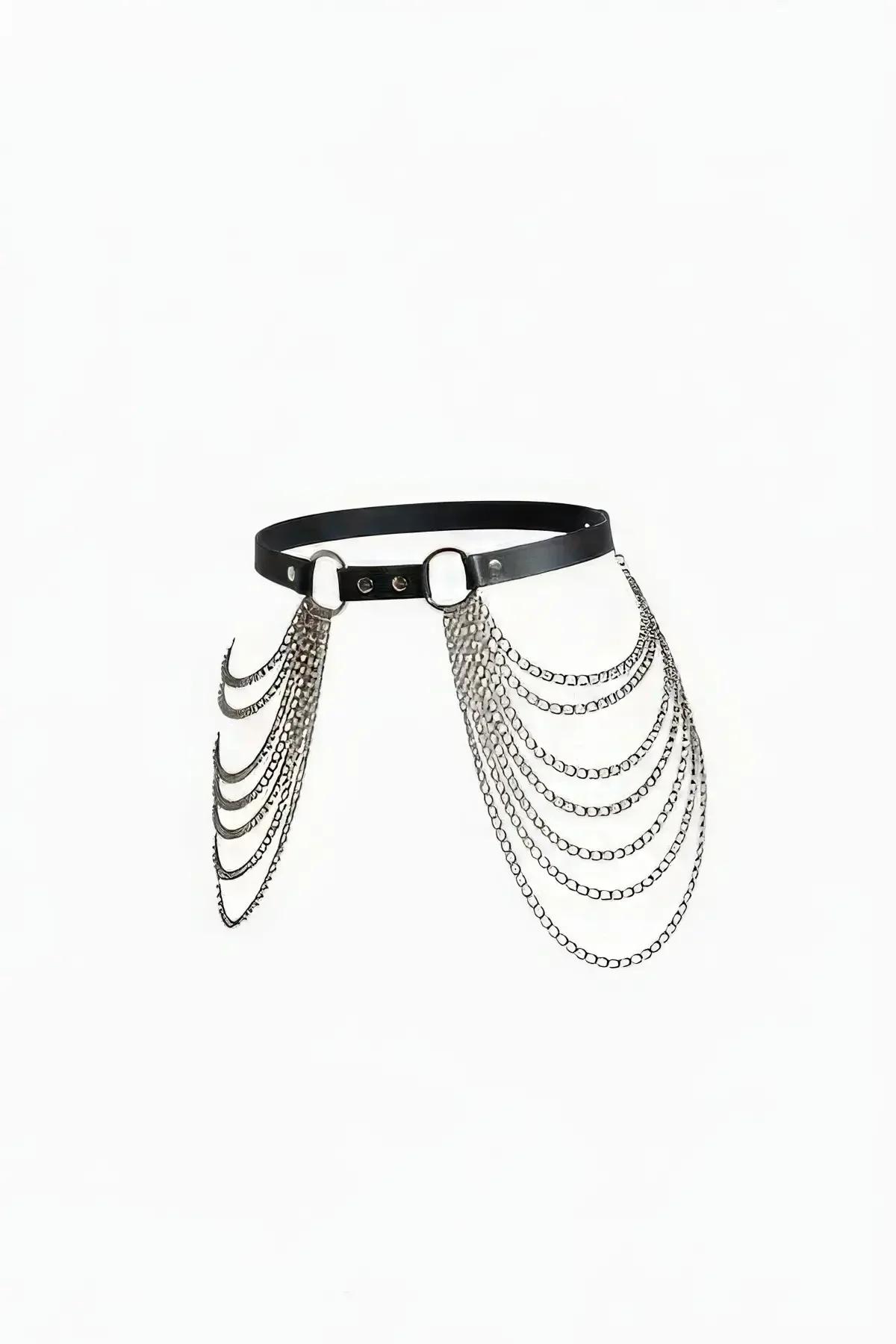 Faux Leather Waist Harness with Cascading Chain Drapes
