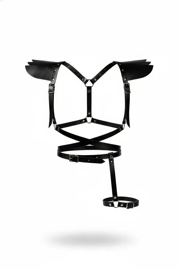 Faux Leather Body Harness with Wing Shoulder Pads & Garter