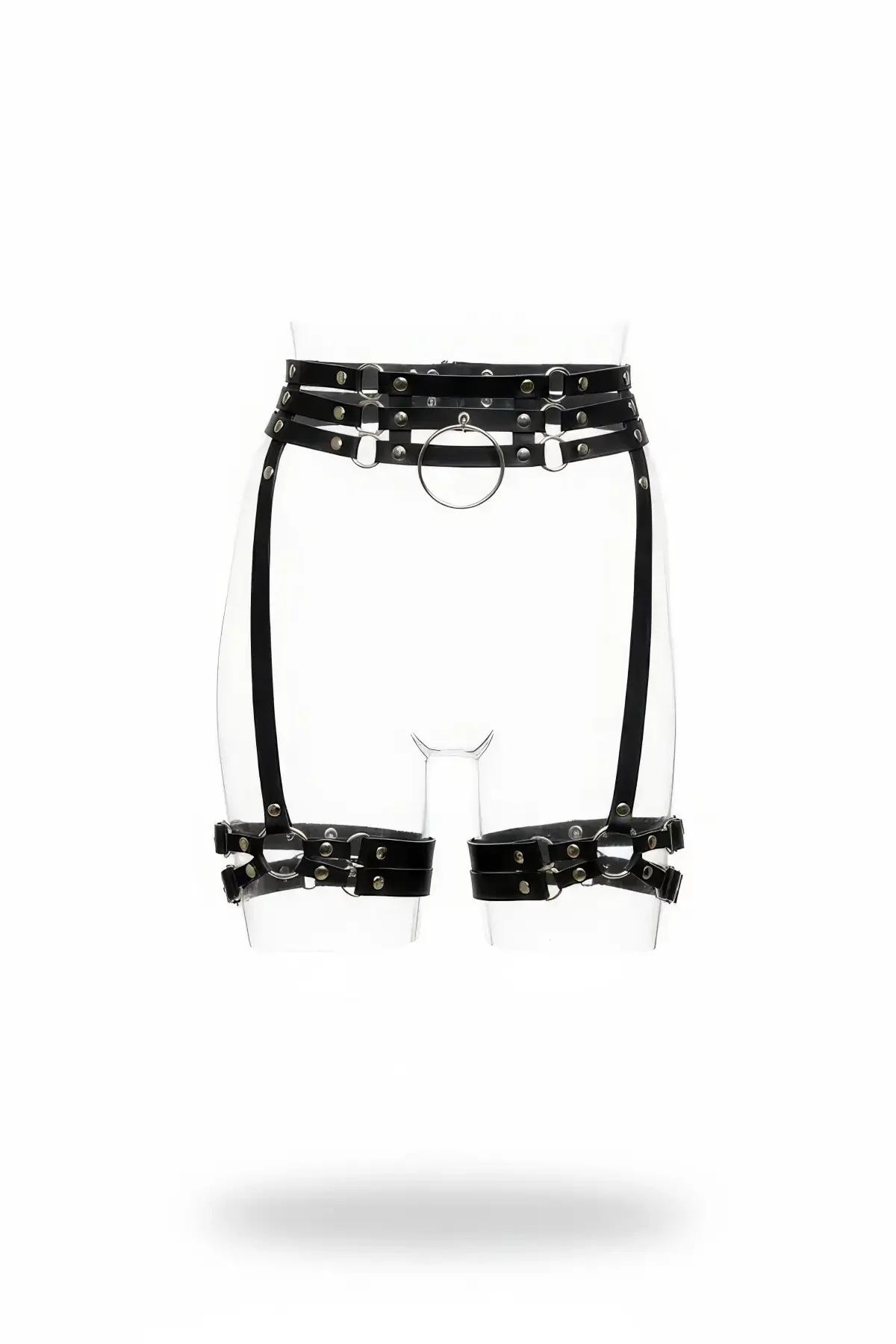Studded Faux Leather Waist Harness with O-Ring Garters