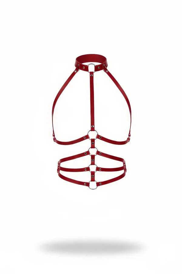 Red High-Neck Caged Torso Body Harness with O-Rings