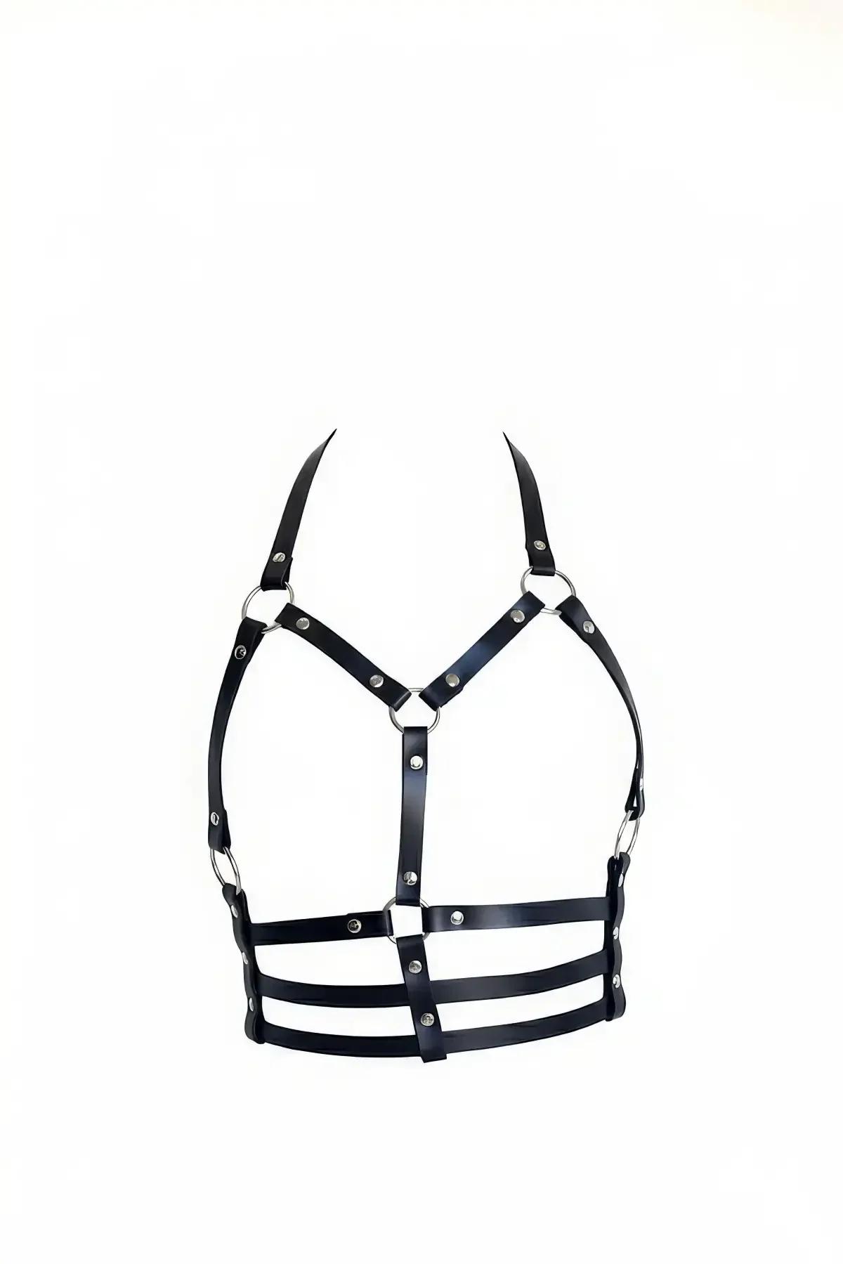 O-Ring Faux Leather Caged Chest Harness with Triple Straps