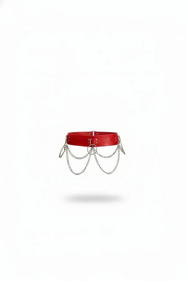 Red Faux Leather Waist Belt with Draped Chains