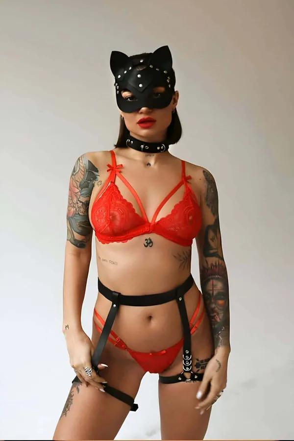 Faux Leather Cat Mask with Studded Choker & Garter Set