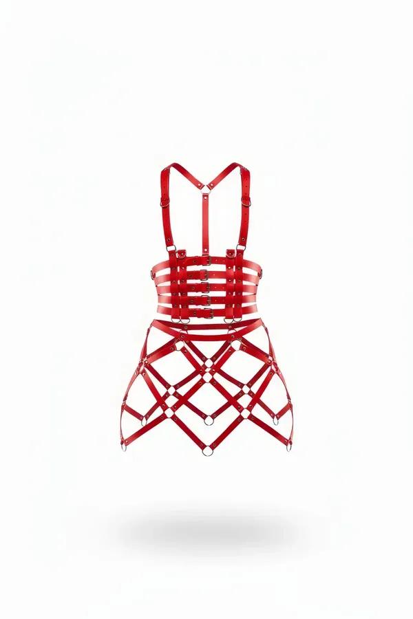 Red Faux Leather Bustier Cage Skirt Harness Set