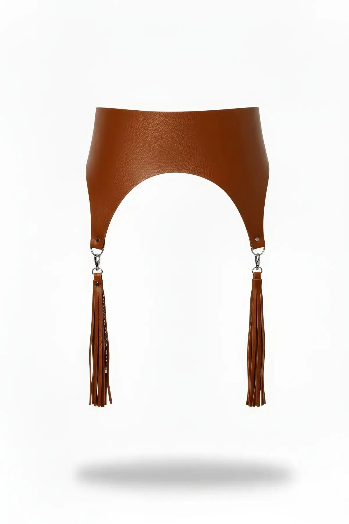 Wide Tan Faux Leather Waist Harness with Tassels