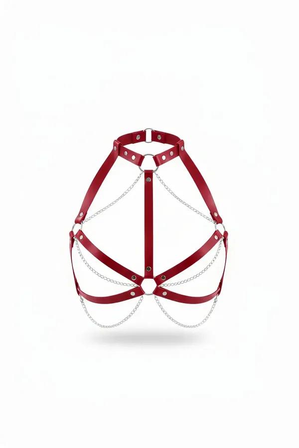 Red Chest Harness Bra with Layered Silver Chains