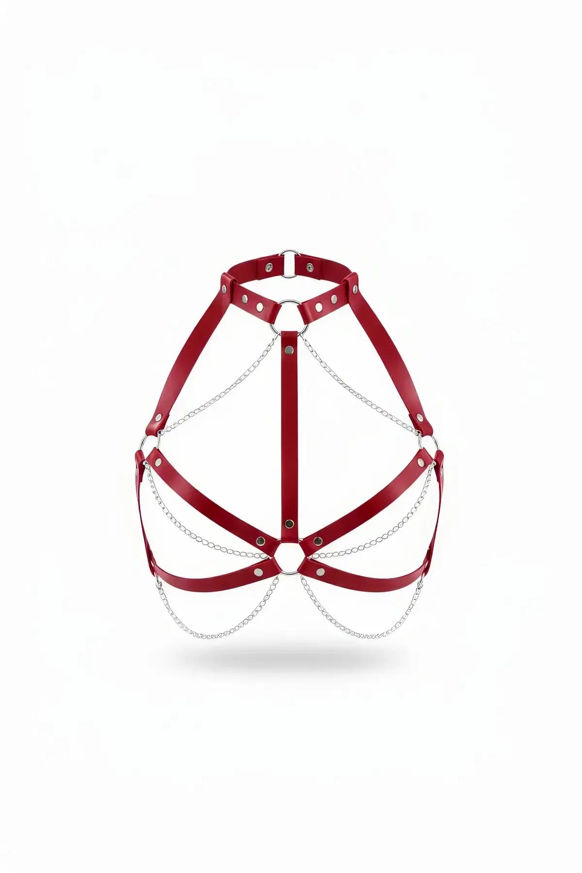 Red Chest Harness Bra with Layered Silver Chains