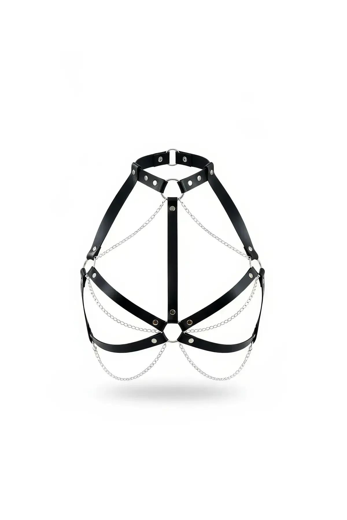 Faux Leather Chest Harness with Draped Silver Chains