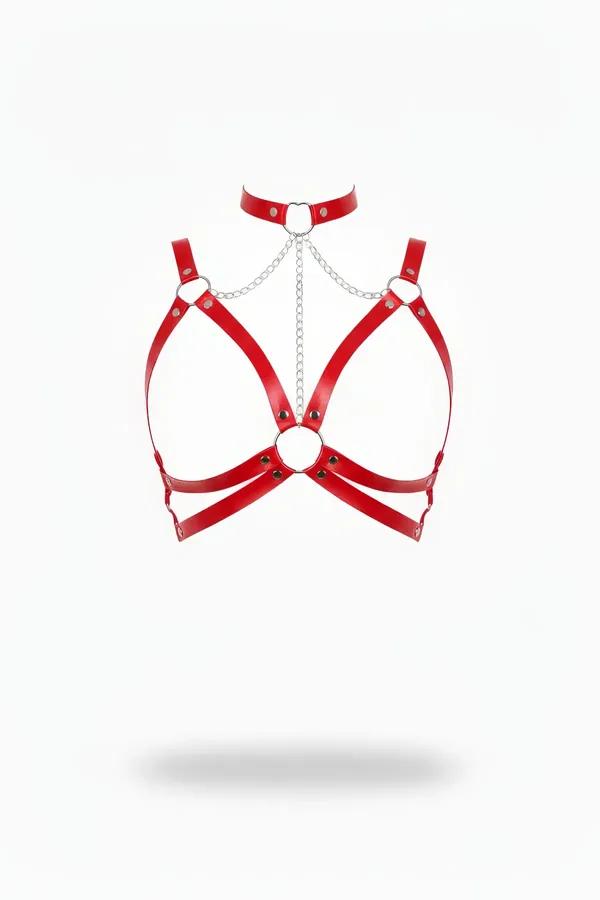 Red Faux Leather Chest Harness with Choker Chain Detail