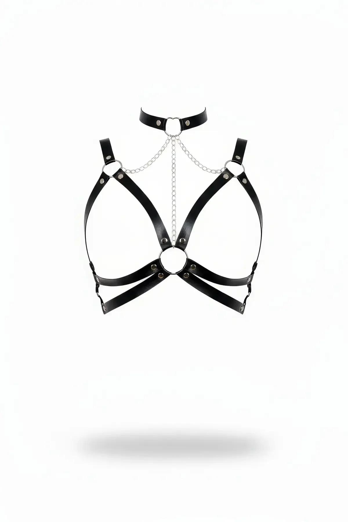 Faux Leather Chest Harness with Choker & Chain Detail