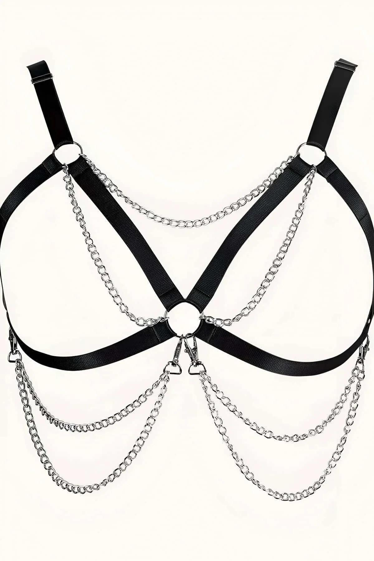 Black Faux Leather Chest Harness with Draped Chains