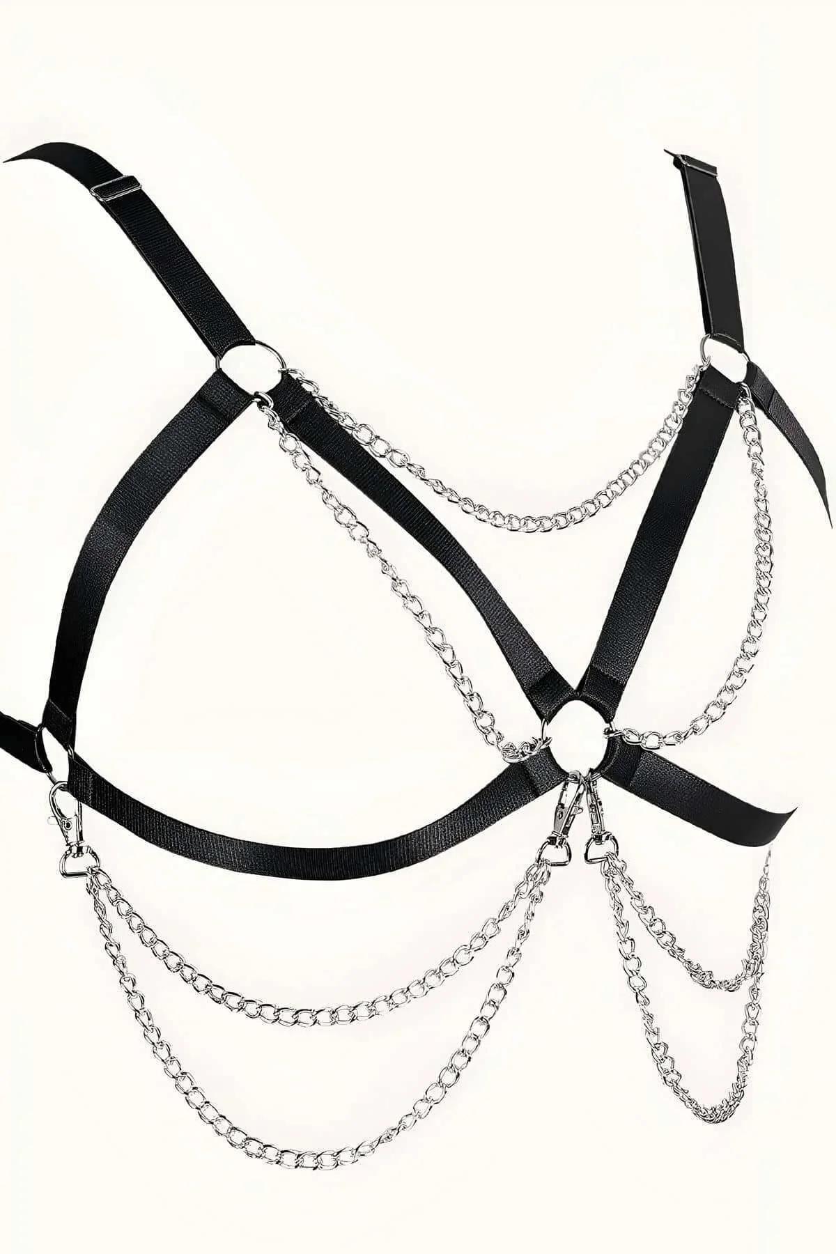 Black Faux Leather Chest Harness with Draped Chains