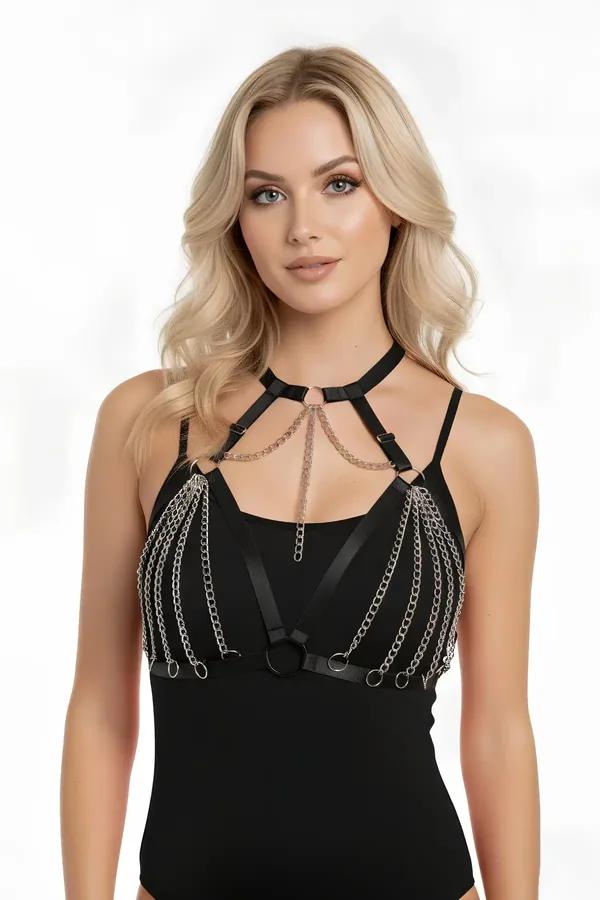 Black Faux Leather Body Harness with Chain Draping
