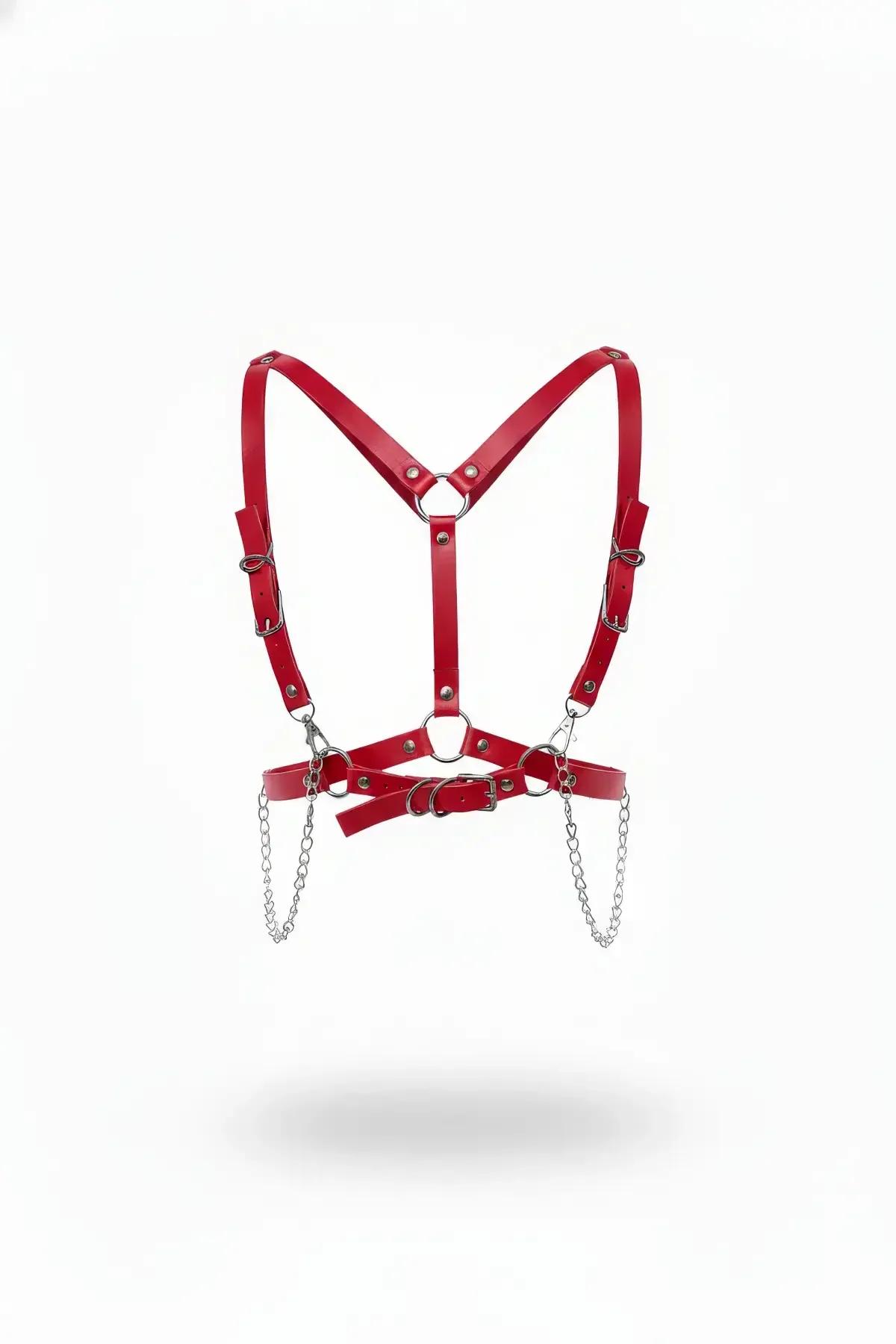 Red Faux Leather Chest Harness with Adjustable O-Ring Straps