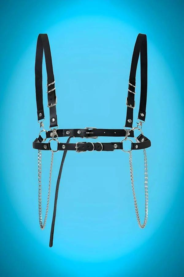 Adjustable Faux Leather Chest Harness with Detachable Chains
