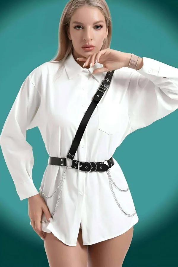 Triple Buckle Faux Leather Chest Harness Belt with Chains