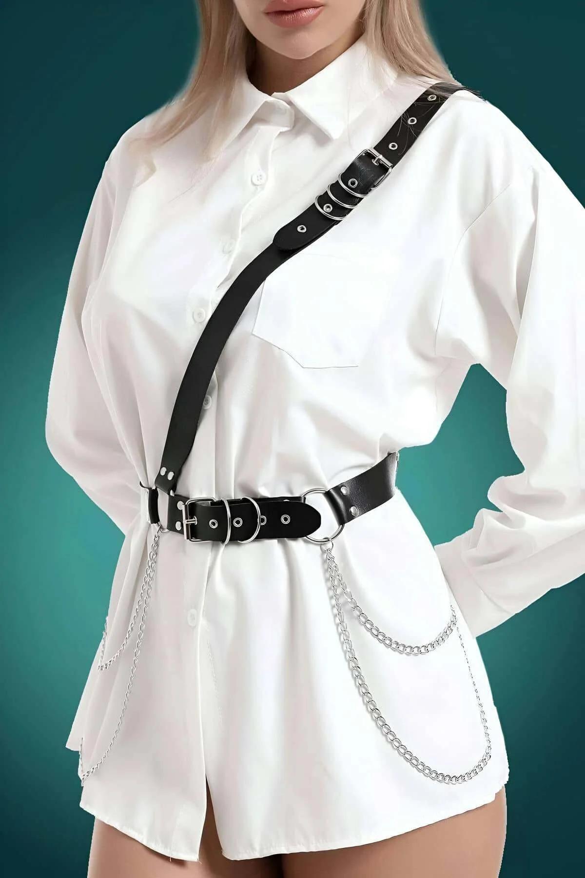 Triple Buckle Faux Leather Chest Harness Belt with Chains
