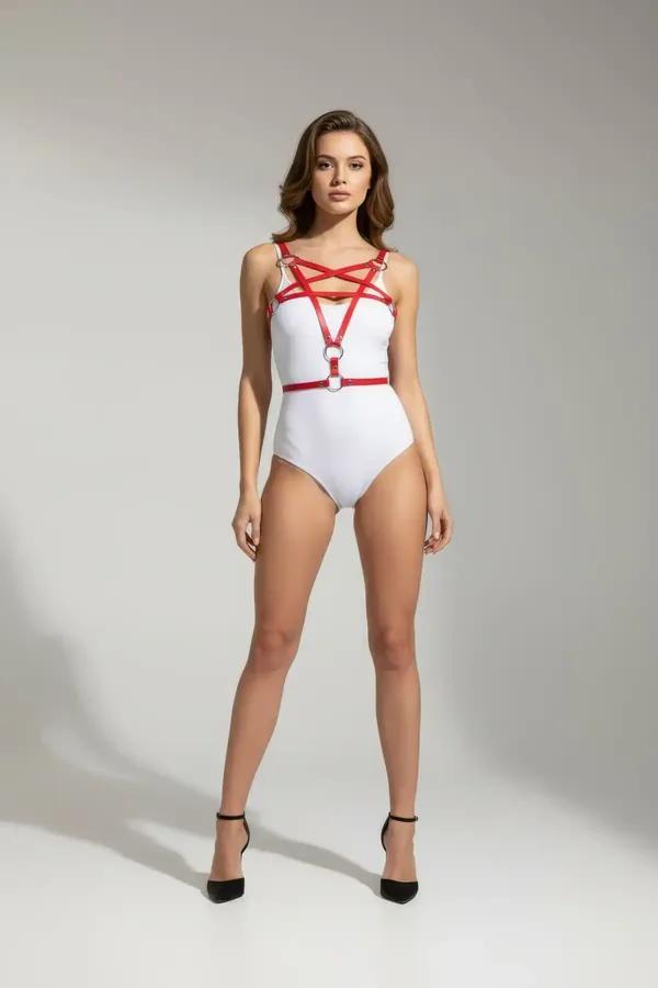Red Cross-Strap Body Harness with O-Ring Details