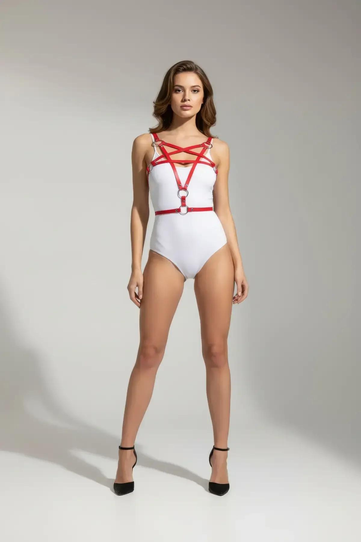 Red Cross-Strap Body Harness with O-Ring Details